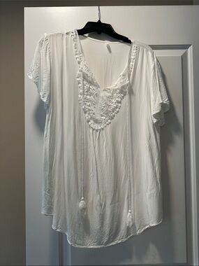 White Embroidered V-Neck Swim Coverup with Tassel Detail